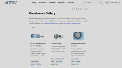 The redesigned Pythia Cookbook Gallery, now with a search bar and consistent cards.